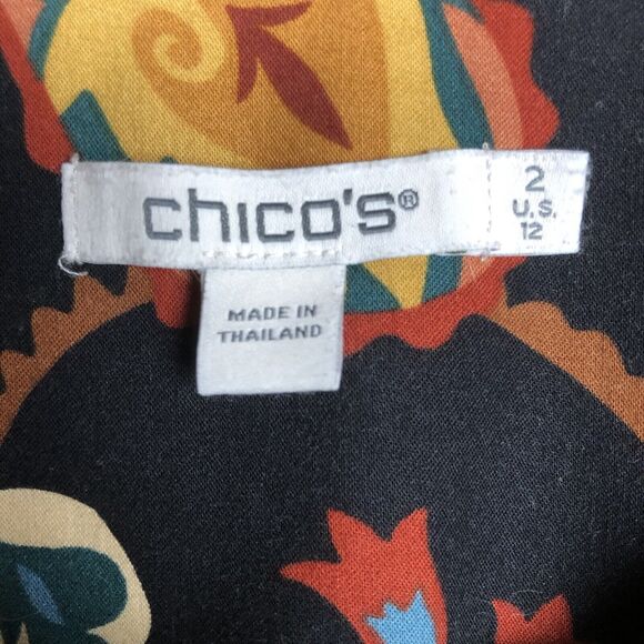 CHICOS Top Sz 2 (12) L Black Paisley Stretch Cotton Fold Cuff Button Up Classic - Picture 3 of 12
